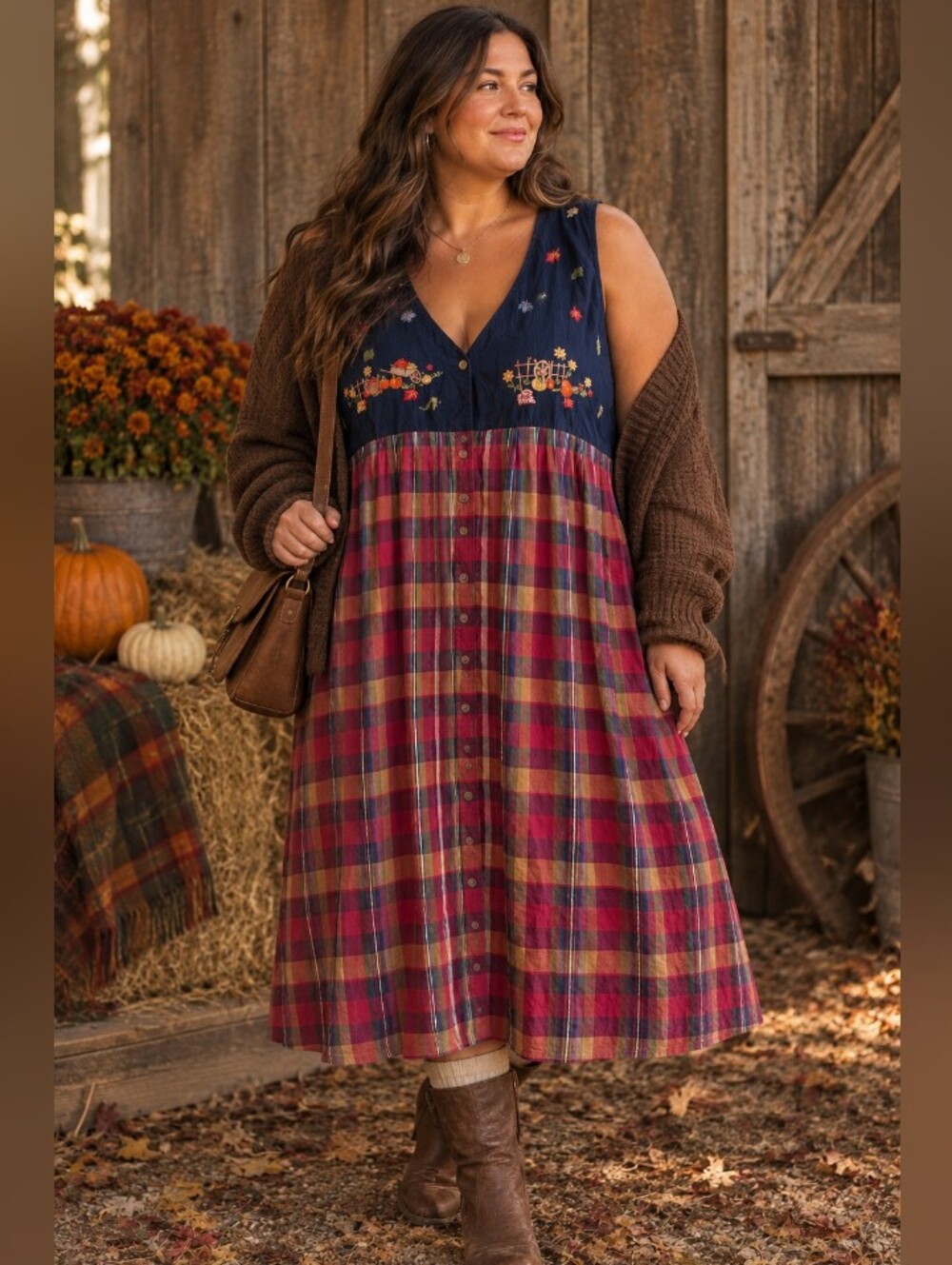 Vintage Cozy Harvest Cottage Core Cotton Pumpkin Embroidered Plaid Fall Dress